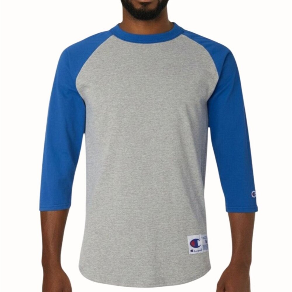 Champion Raglan Quarter Sleeve Baseball T-Shirt Gray Royal Blue Mens Size Small